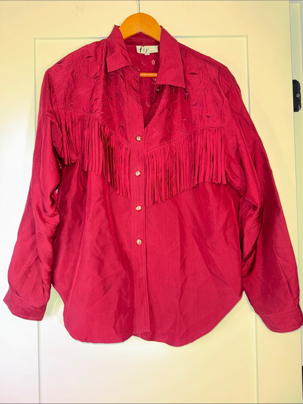 Vintage Fiji Sport 100% Silk Fringe Western Shirt Deep Raspberry cowgirl rodeo
